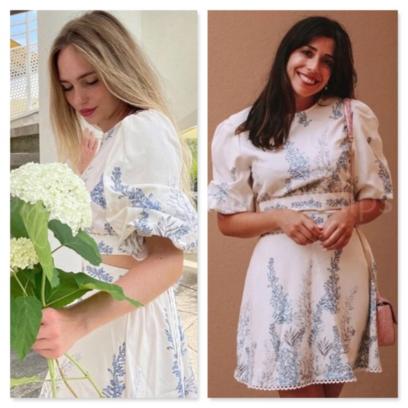 Floral Blue on Cream Light Beige Puff Sleeve Cut Out Waist Mini Dress - Picture 15 of 16